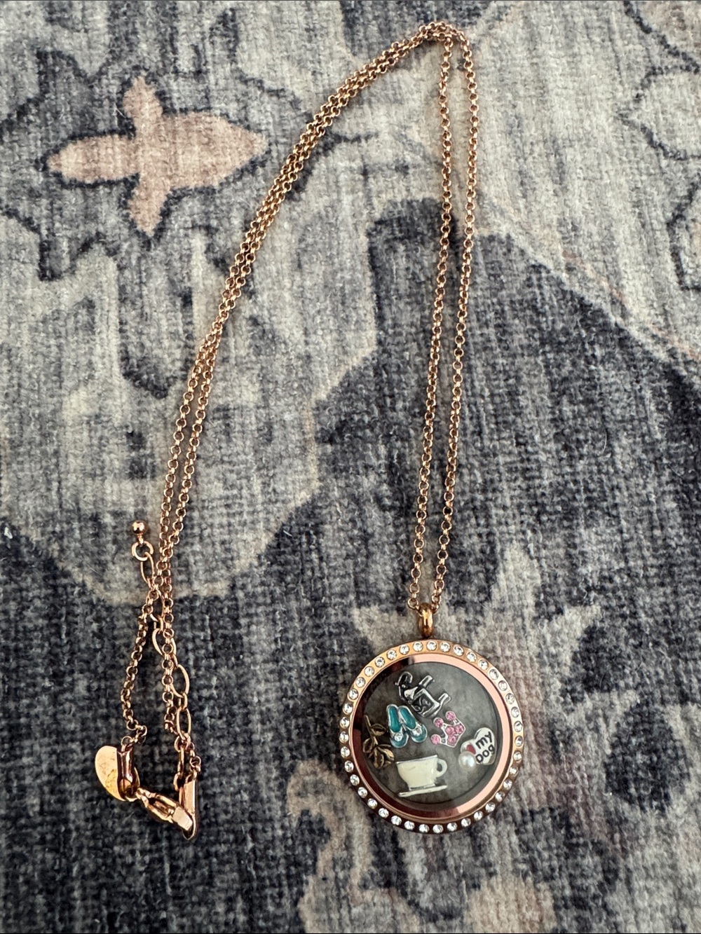 Origami Owl Rose Gold Locket Necklace with Multicolor Charms